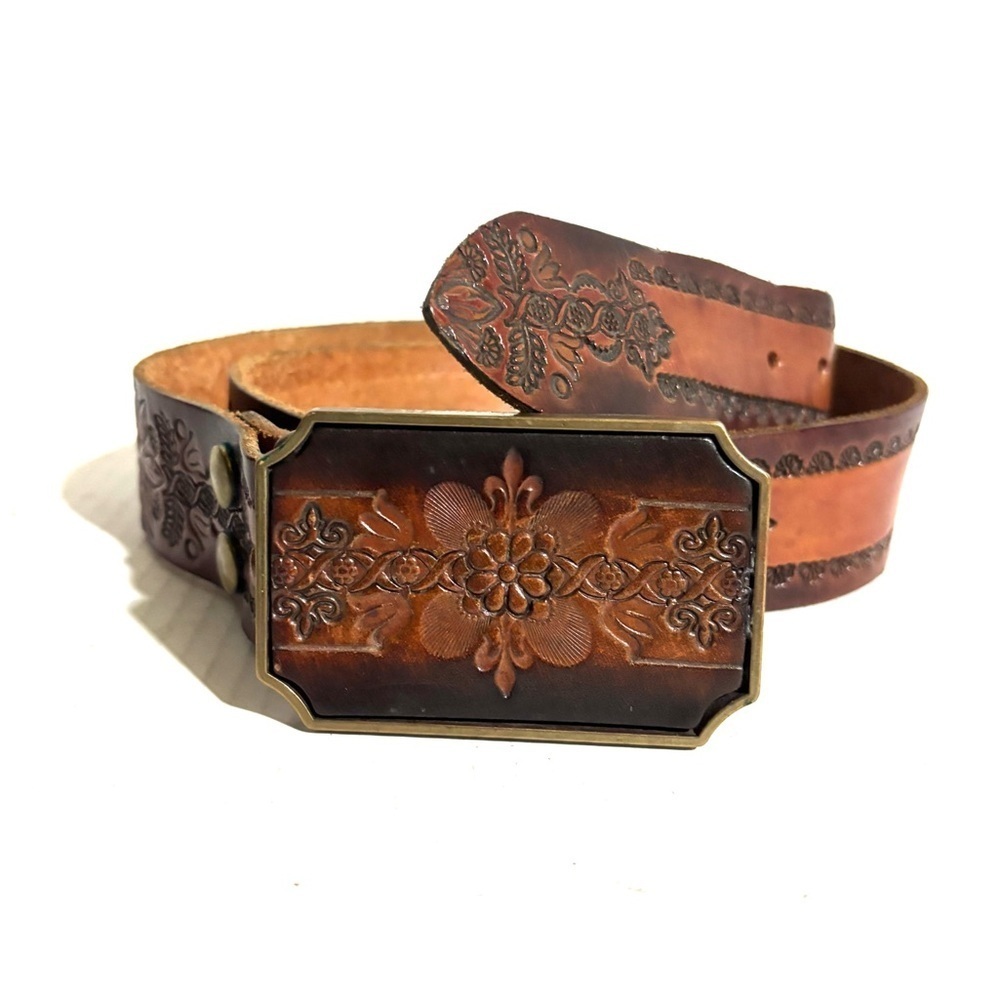 Vintage unisex Brown Embossed Leather Belt